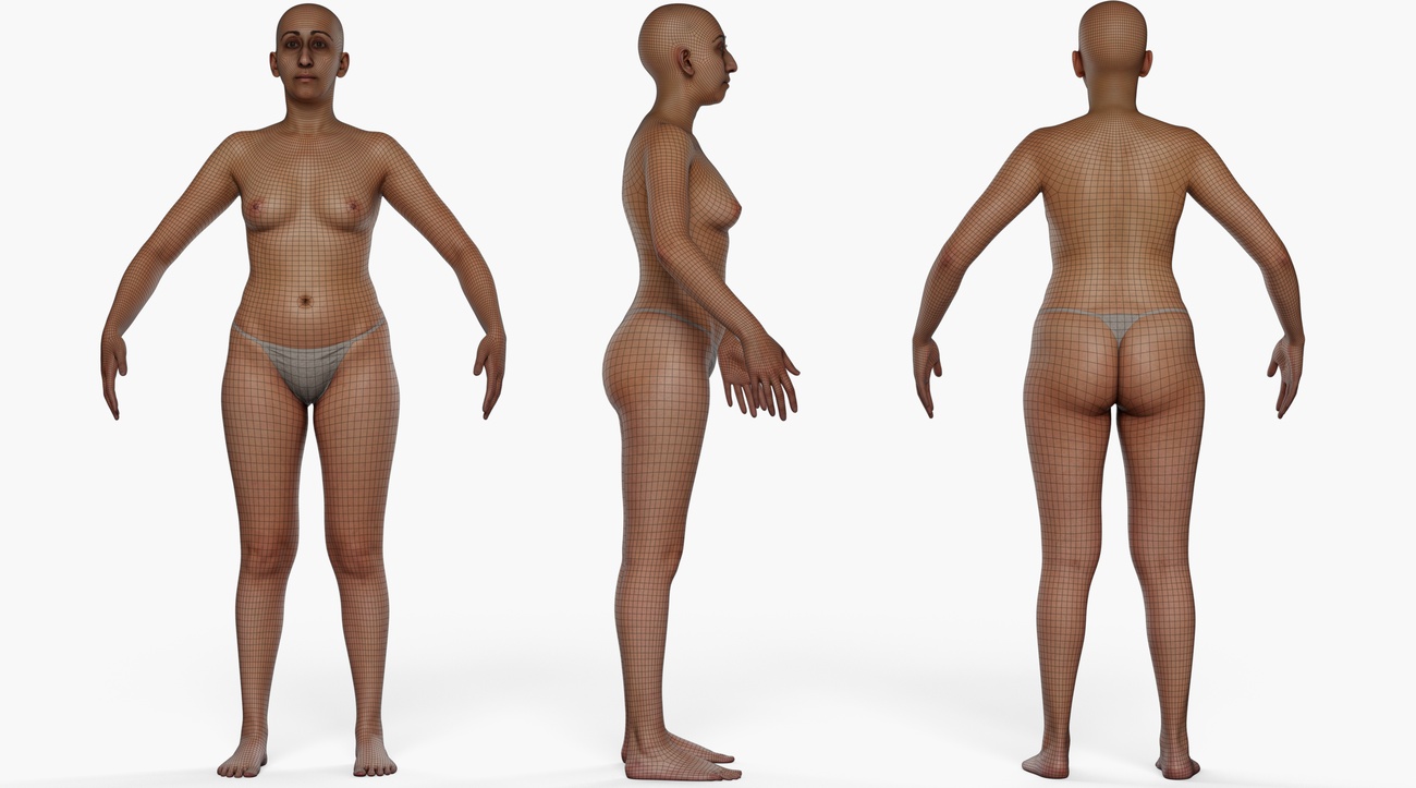 Wireframe topology overlay on a female 3D body scan showing clean quad edge loops across the full figure